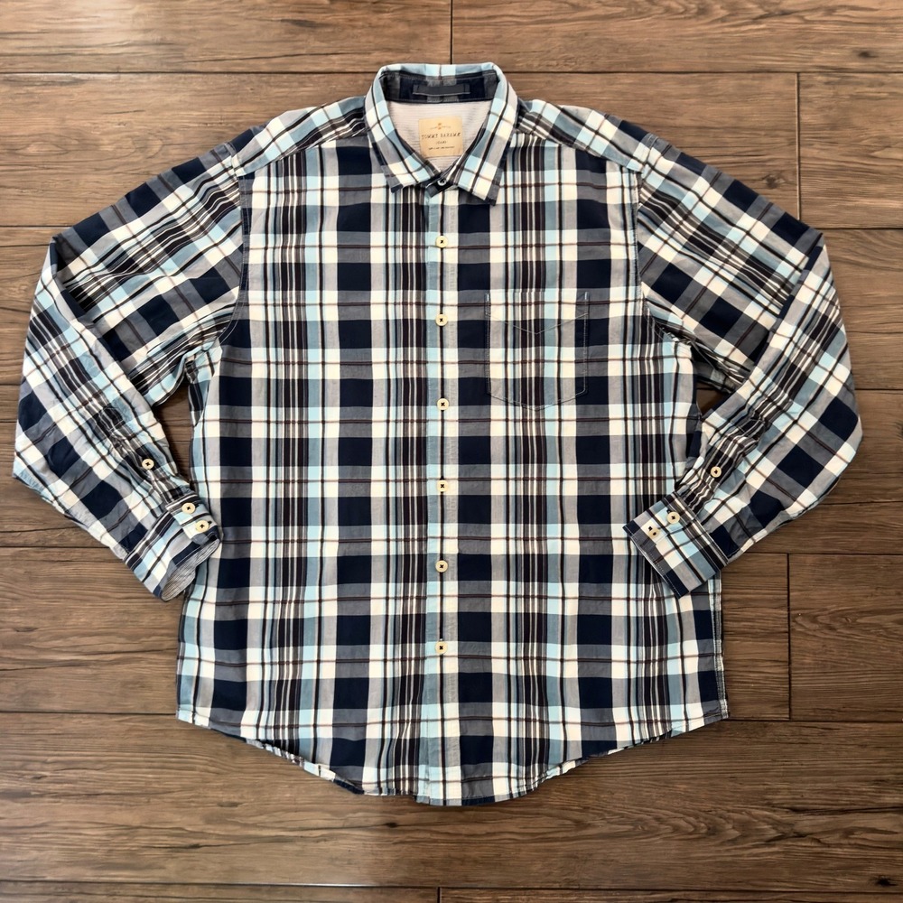 Tommy Bahama Jeans Plaid Button Down Shirt‎ Blue Gray Island Crafted XL